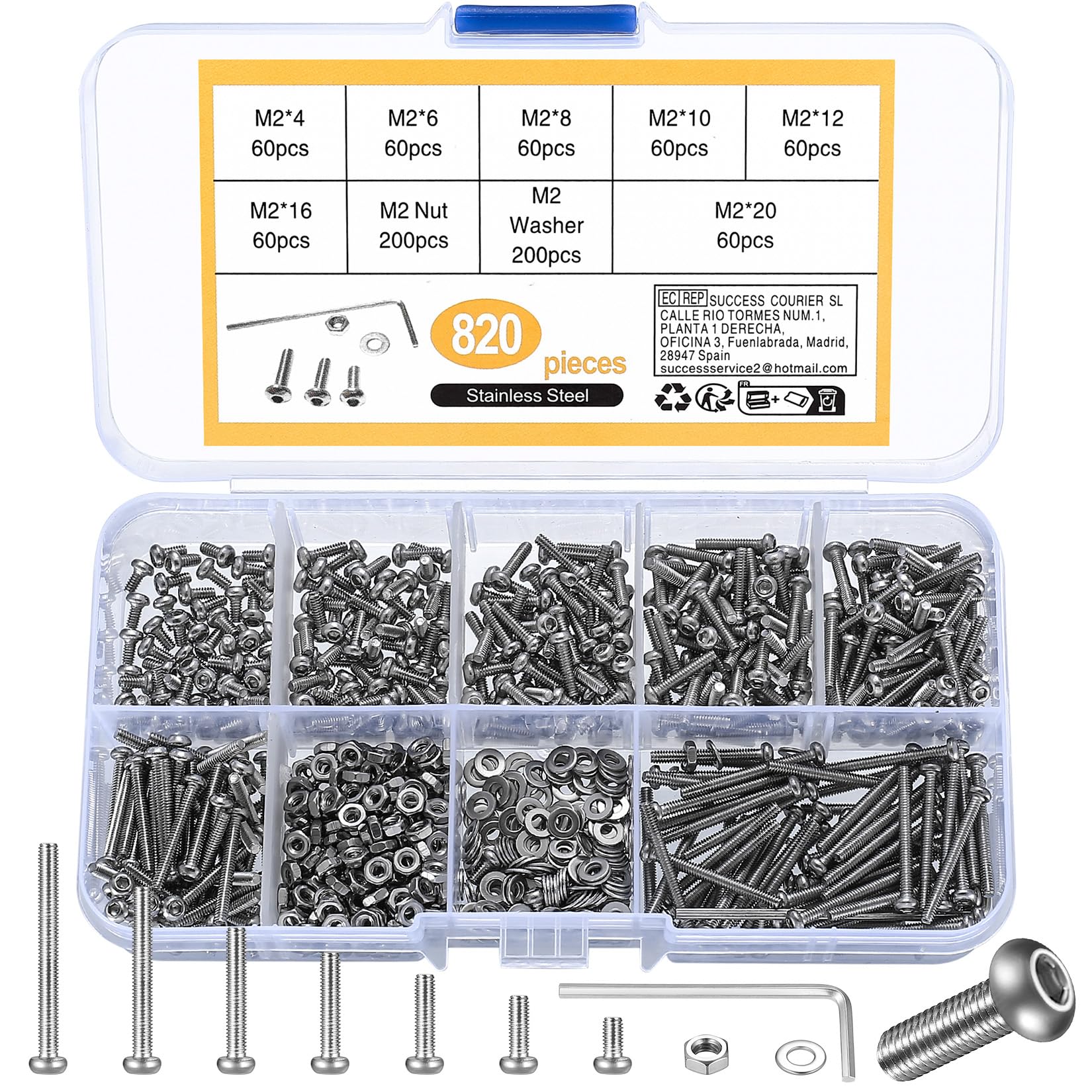 410pcs M2 Countersunk Head Hex Socket Screws, 10.9 Carbon Steel Full Thread Machine Screws, Nuts and Washers Assortment with Allen Keys 