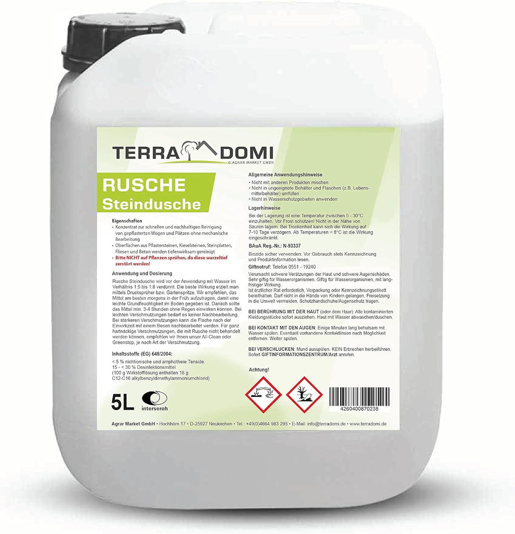 Terra Domi Rusche Stone Shower, 5 L Concentrate, Stone Cleaner for up to 2000 m², Cleaning Agent for Clean Paths &amp; Squares, Path Cleaner, Biodegradable 
