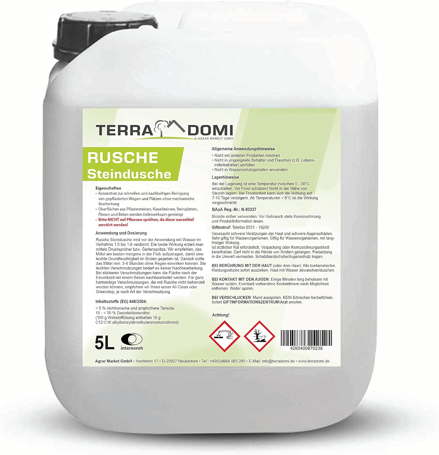 Terra Domi Rusche Stone Shower, 5 L Concentrate, Stone Cleaner for up to 2000 m², Cleaning Agent for Clean Paths &amp; Squares, Path Cleaner, Biodegradable 