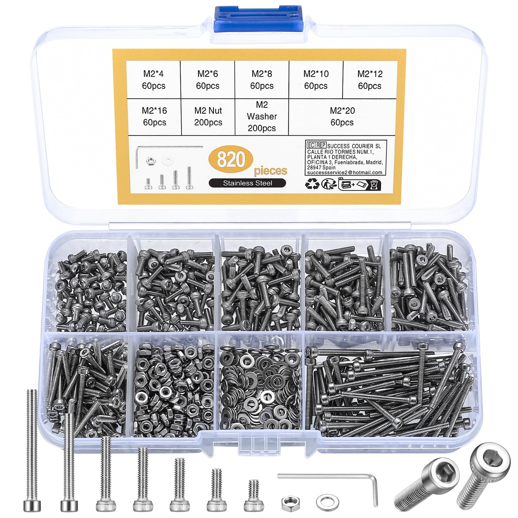 410pcs M2 Countersunk Head Hex Socket Screws, 10.9 Carbon Steel Full Thread Machine Screws, Nuts and Washers Assortment with Allen Keys 