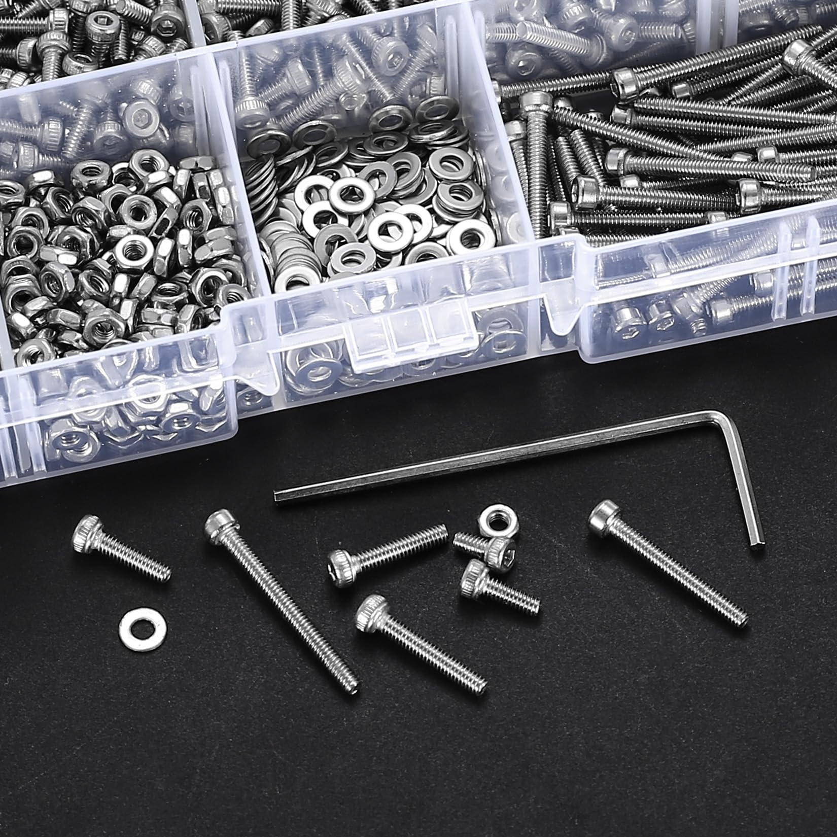 410pcs M2 Countersunk Head Hex Socket Screws, 10.9 Carbon Steel Full Thread Machine Screws, Nuts and Washers Assortment with Allen Keys 