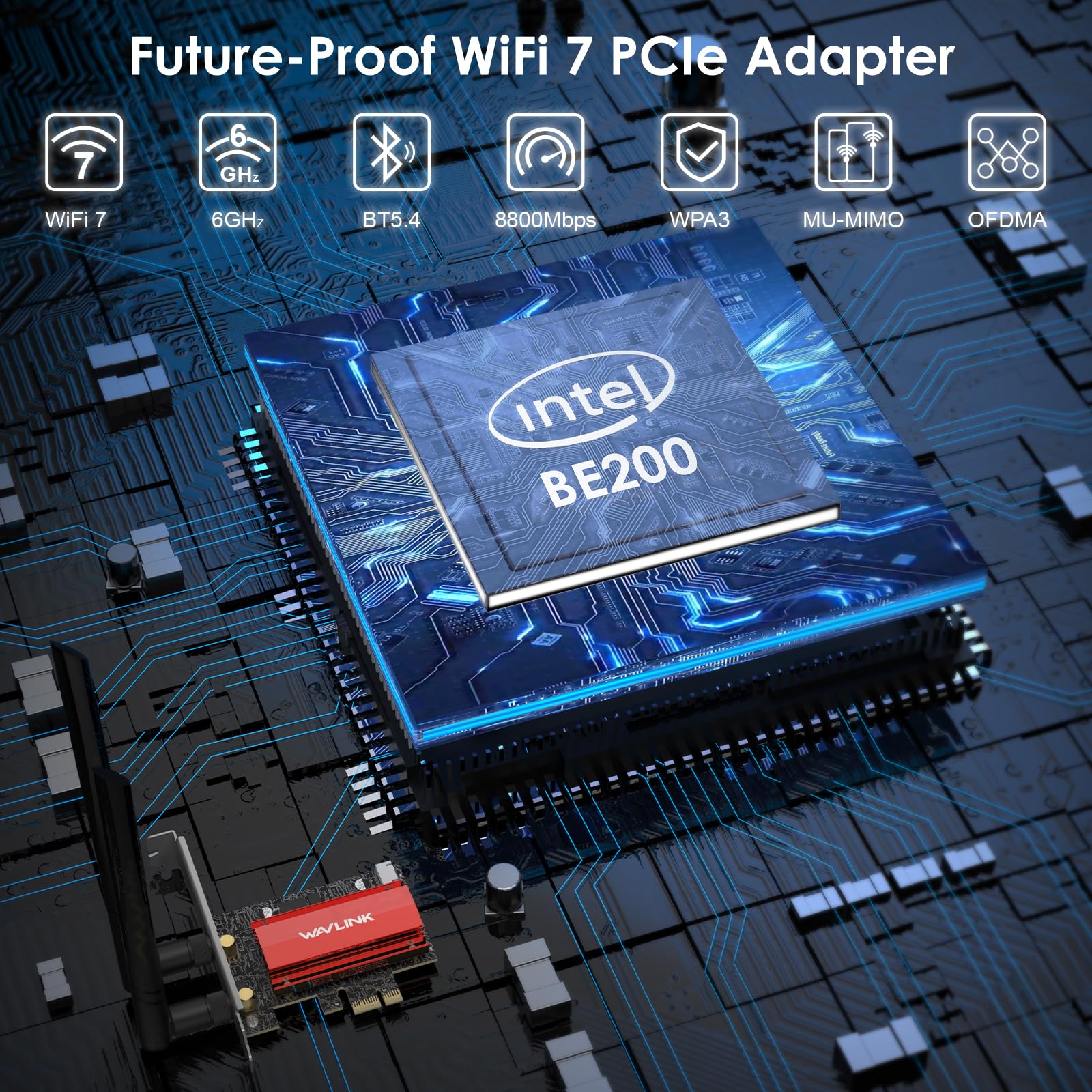 WAVLINK WiFi 7 PCIe Card BE8800 for Desktop PC, Tri-Band BE200 Wireless Adapter with Bluetooth 5.4, MU-MIMO, WPA3, for Windows 10/11 (64bit), Does Not Support AMD Motherboards 