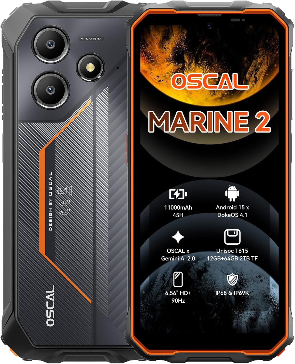 OSCAL Marine 2 Outdoor Mobile Phone Without Contract 2025, 11000mAh 12GB+64GB/2TB, Android 15 Outdoor Smartphone, 6.56" HD+ 90Hz, 16MP+8MP AI Camera Construction Site Mobile Phone, IP69K Waterproof, Dual SIM 4G/NFC/OTG/GPS 