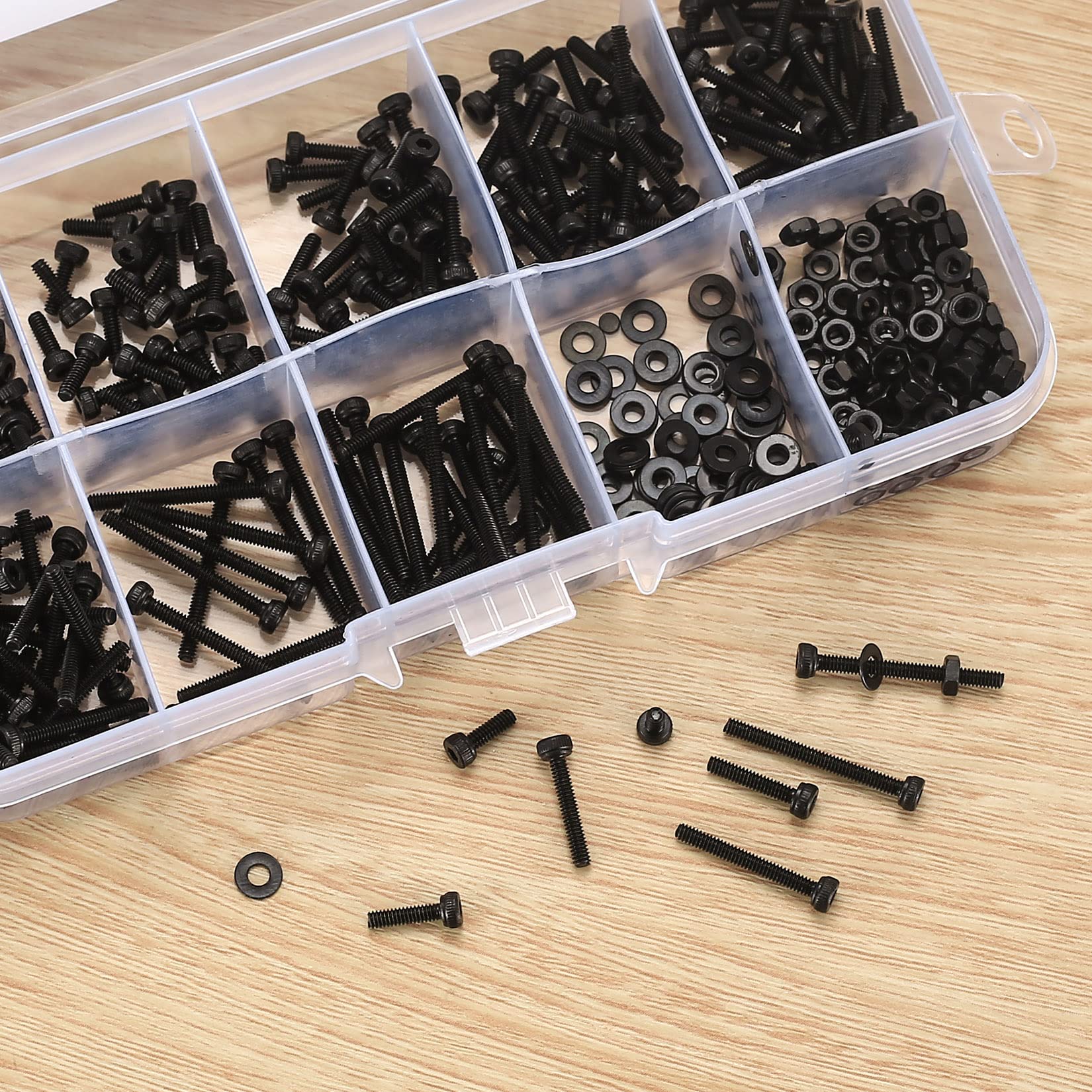 410pcs M2 Countersunk Head Hex Socket Screws, 10.9 Carbon Steel Full Thread Machine Screws, Nuts and Washers Assortment with Allen Keys 