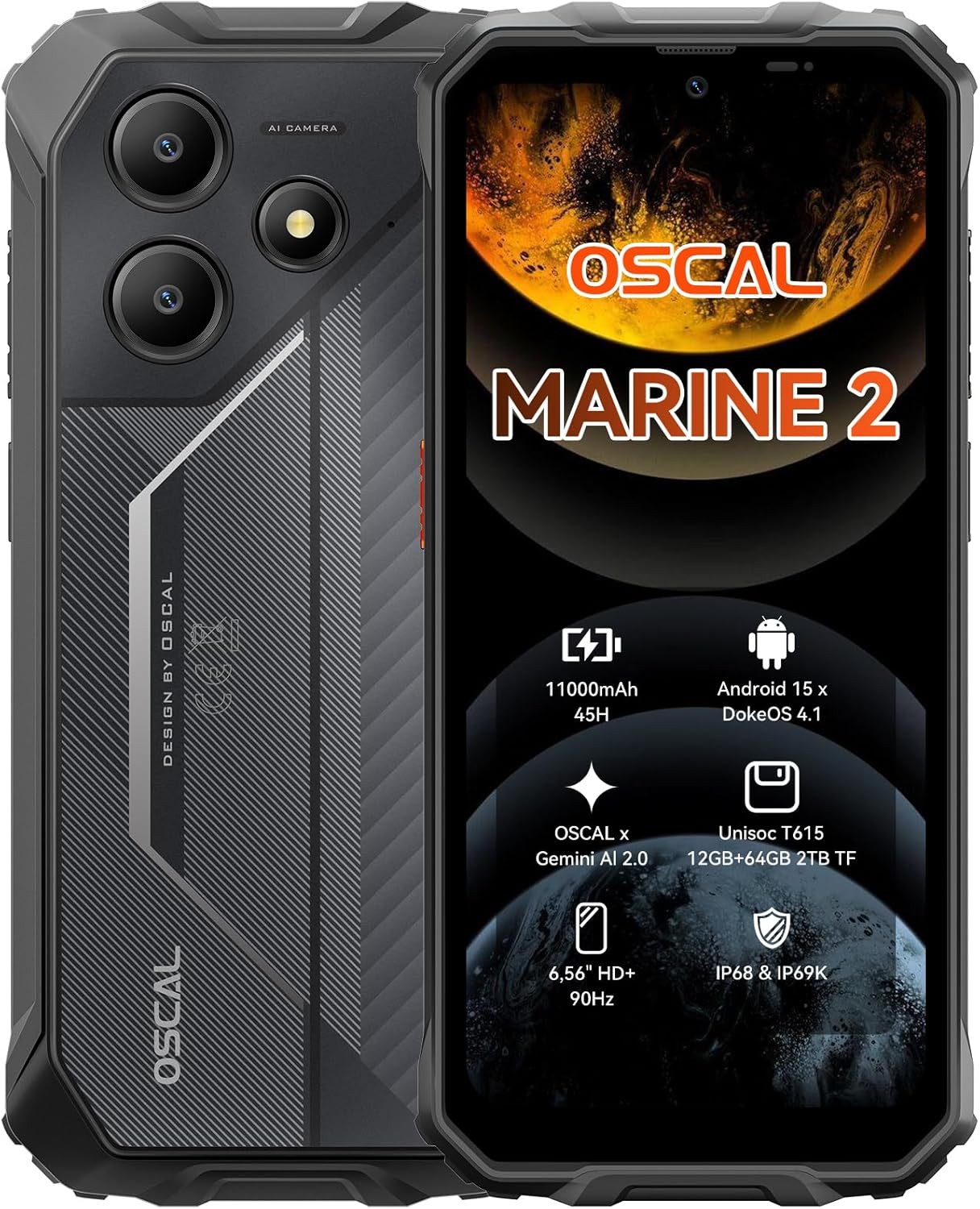 OSCAL Marine 2 Outdoor Mobile Phone Without Contract 2025, 11000mAh 12GB+64GB/2TB, Android 15 Outdoor Smartphone, 6.56" HD+ 90Hz, 16MP+8MP AI Camera Construction Site Mobile Phone, IP69K Waterproof, Dual SIM 4G/NFC/OTG/GPS 