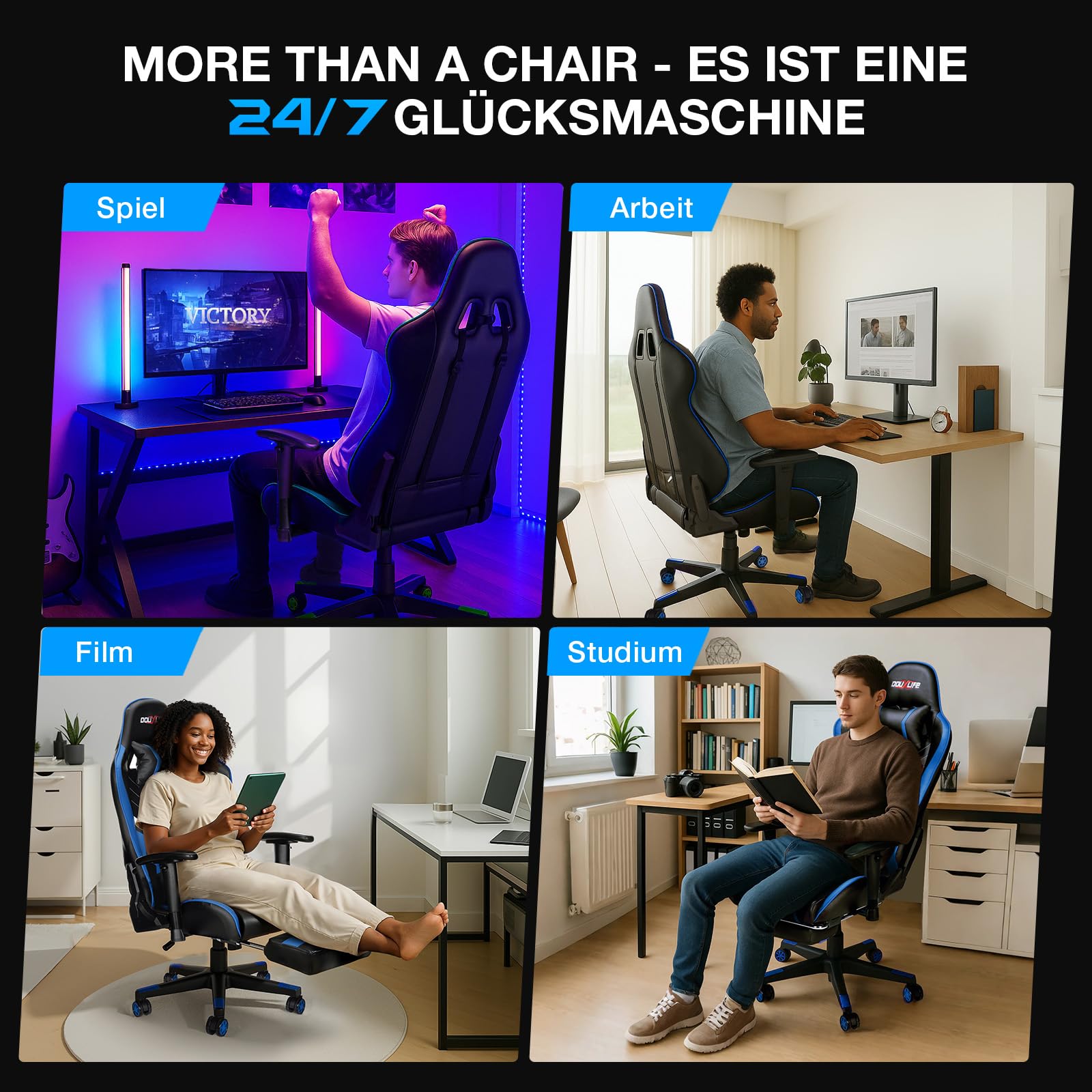 Douxlife Gaming Chair, with 7-Point Massage, Footrest, Ergonomic 180KG Office Chair, 90-175° Backrest Adjustable, Adjustable Armrest, Desk Chair for Adults, Black and White 