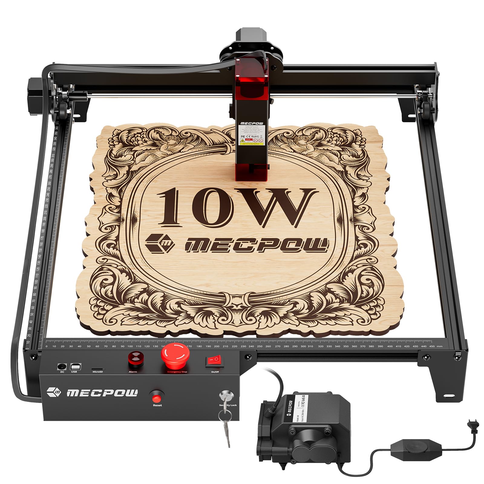 Mecpow X3 Pro Laser Engraving Machine with Air Assistance, 10W Engraving Machine Laser Cutter for Wood and Metal, 60W CNC Milling Machine with Emergency Stop, Flame and Gyro Detection, 410 x 400mm Area 