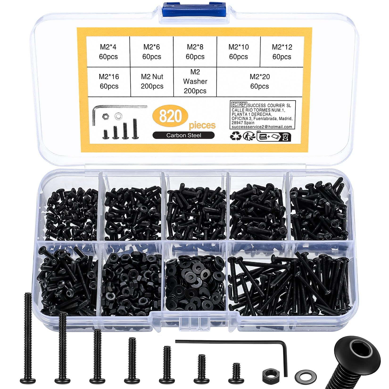 410pcs M2 Countersunk Head Hex Socket Screws, 10.9 Carbon Steel Full Thread Machine Screws, Nuts and Washers Assortment with Allen Keys 