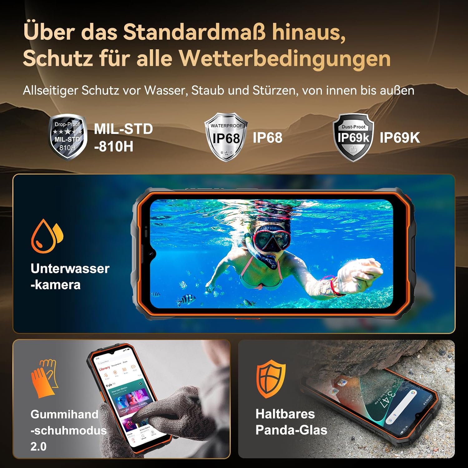 OSCAL Marine 2 Outdoor Mobile Phone Without Contract 2025, 11000mAh 12GB+64GB/2TB, Android 15 Outdoor Smartphone, 6.56" HD+ 90Hz, 16MP+8MP AI Camera Construction Site Mobile Phone, IP69K Waterproof, Dual SIM 4G/NFC/OTG/GPS 