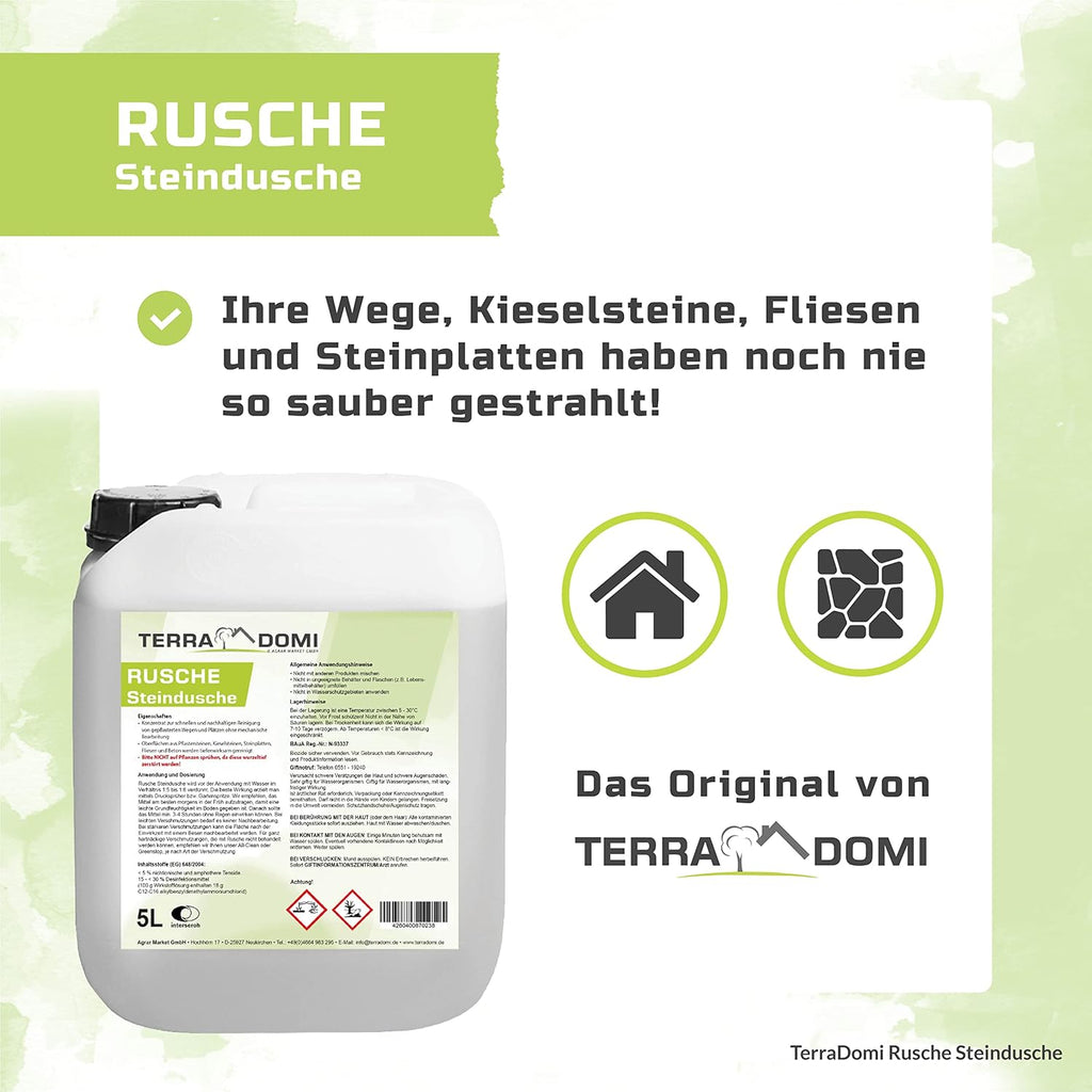 Terra Domi Rusche Stone Shower, 5 L Concentrate, Stone Cleaner for up to 2000 m², Cleaning Agent for Clean Paths &amp; Squares, Path Cleaner, Biodegradable 