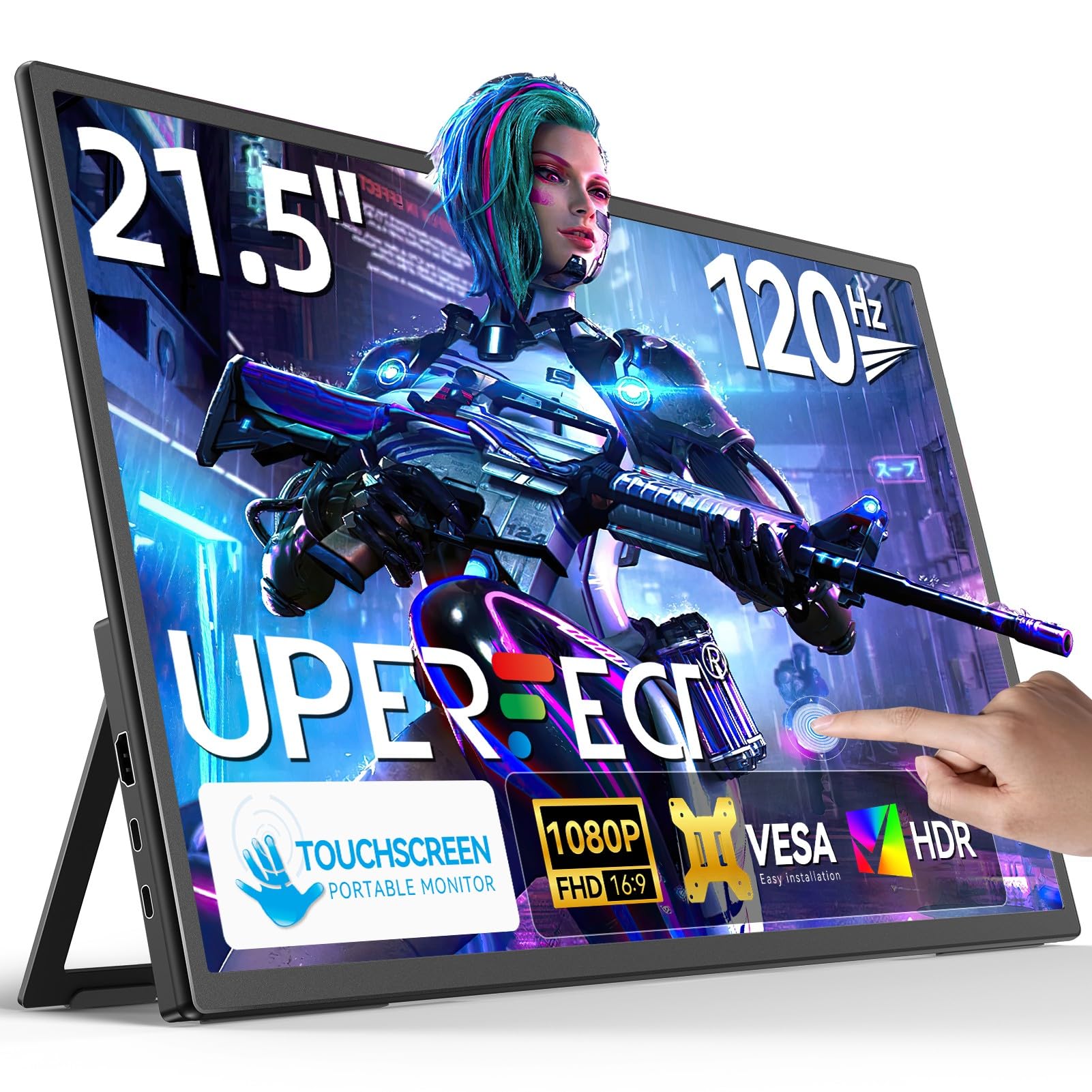 UPERFECT Portable Monitor Touchscreen 21.5 inch 120Hz Portable Monitor Touchscreen 1300:1 1080P Screen Integrated Mount HDMI USB C for PC Laptop Game Console, Metal Case VESA Compatible 
