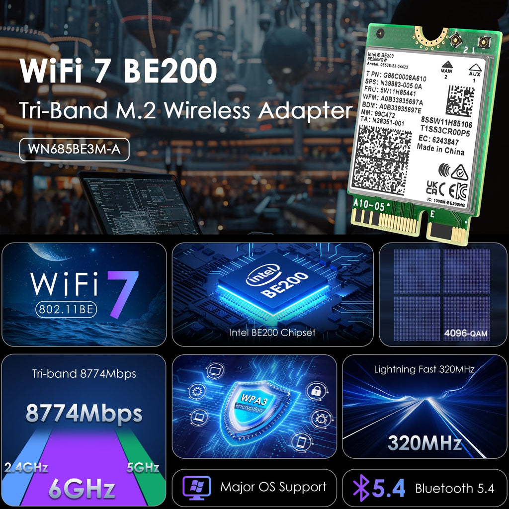 WAVLINK WiFi 7 PCIe Card BE8800 for Desktop PC, Tri-Band BE200 Wireless Adapter with Bluetooth 5.4, MU-MIMO, WPA3, for Windows 10/11 (64bit), Does Not Support AMD Motherboards 