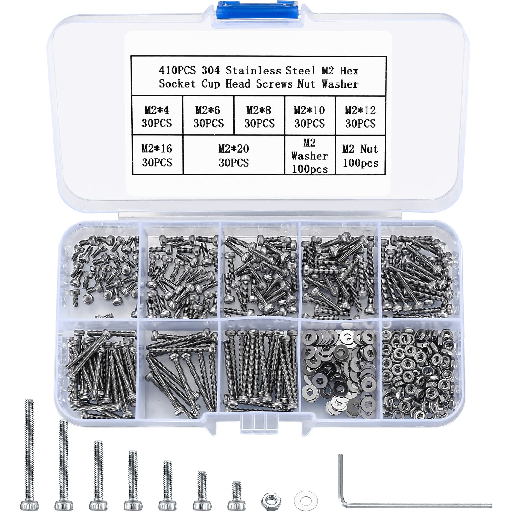 410pcs M2 Countersunk Head Hex Socket Screws, 10.9 Carbon Steel Full Thread Machine Screws, Nuts and Washers Assortment with Allen Keys 