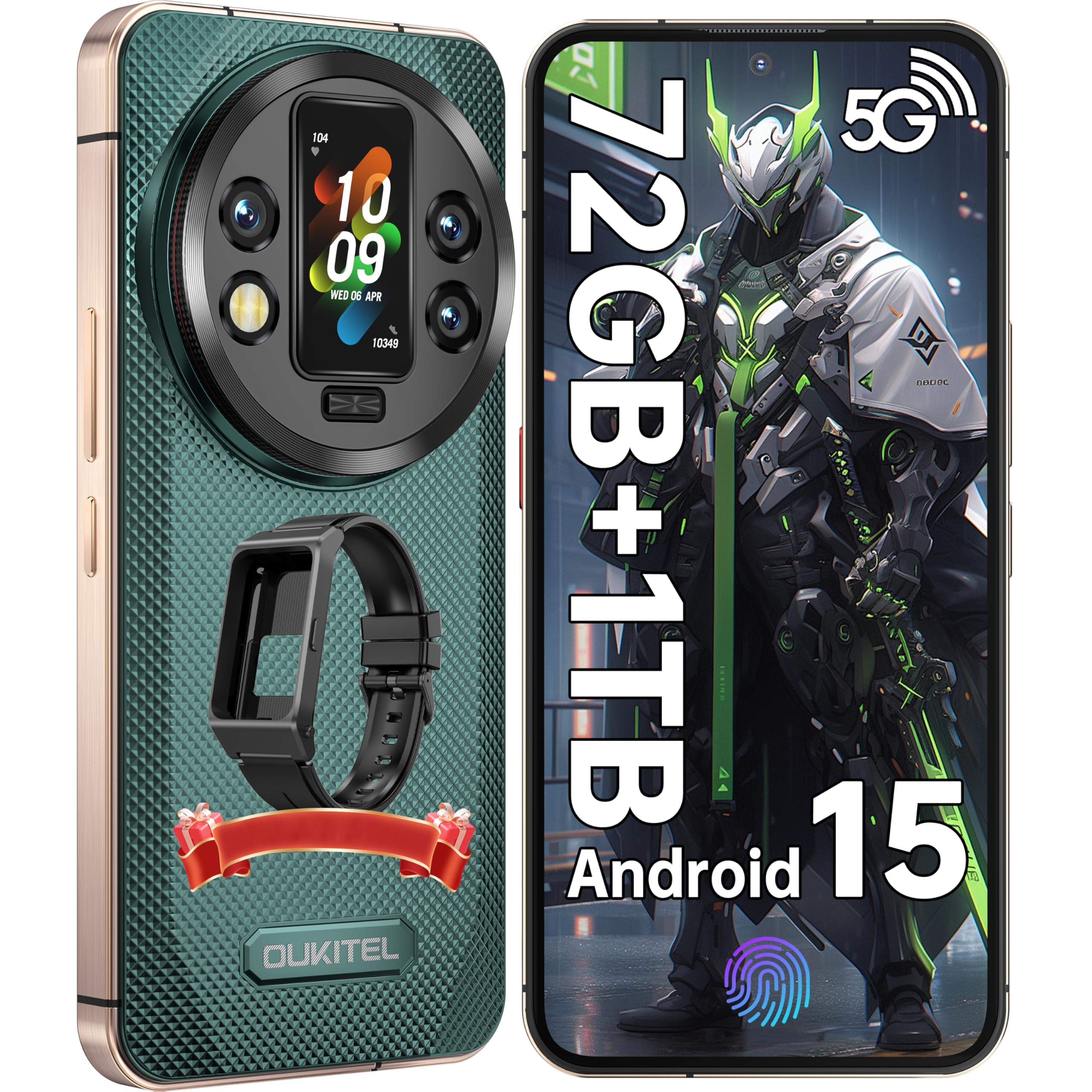 OUKITEL WP200 Pro 5G Outdoor Smartphone - Android 15 72GB+1TB Smartphone with SmartWatch, 6.7” AMOLED FHD+ 120 Hz Waterproof Unlocked, 8580mAh/45W, 108MP Camera, 5G Dual SIM/NFC/WiFi 6 - Green