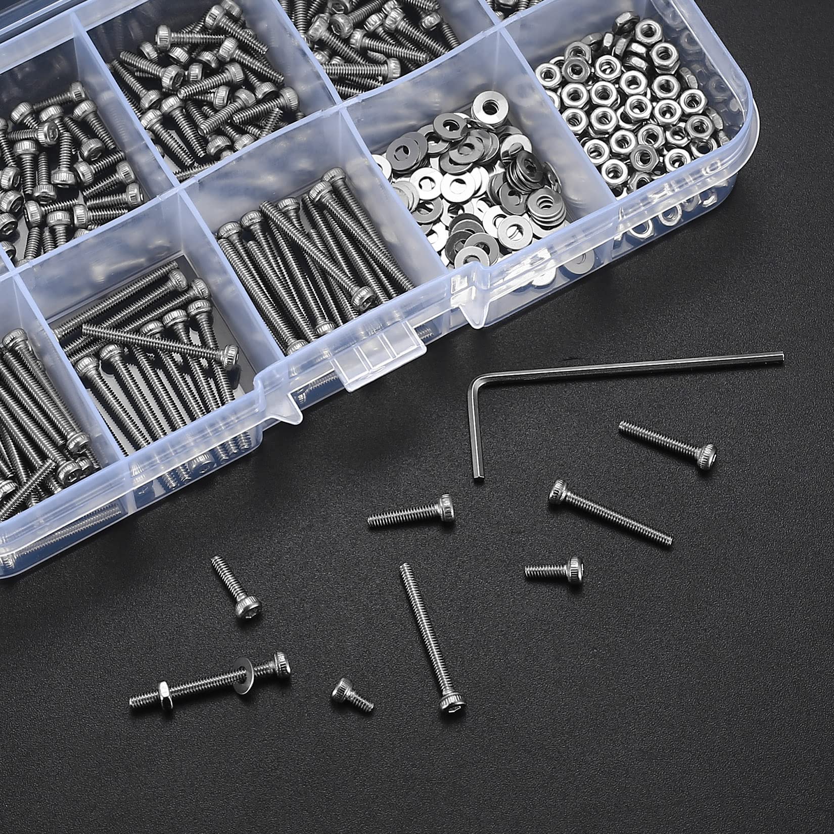 410pcs M2 Countersunk Head Hex Socket Screws, 10.9 Carbon Steel Full Thread Machine Screws, Nuts and Washers Assortment with Allen Keys 